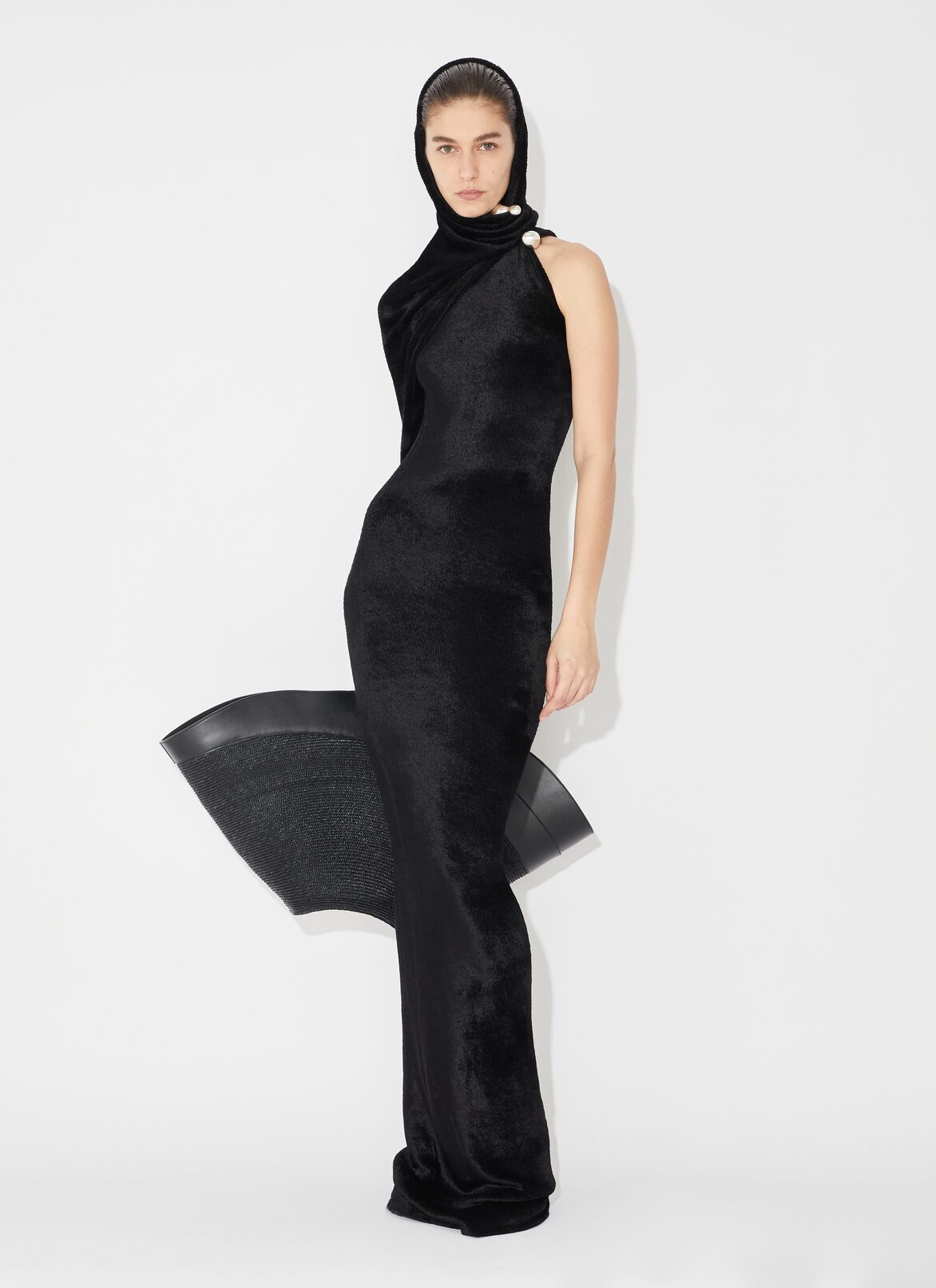 Shiny velvet hood dress ALAÏA BLACK SHINY VELVET HOOD DRESS